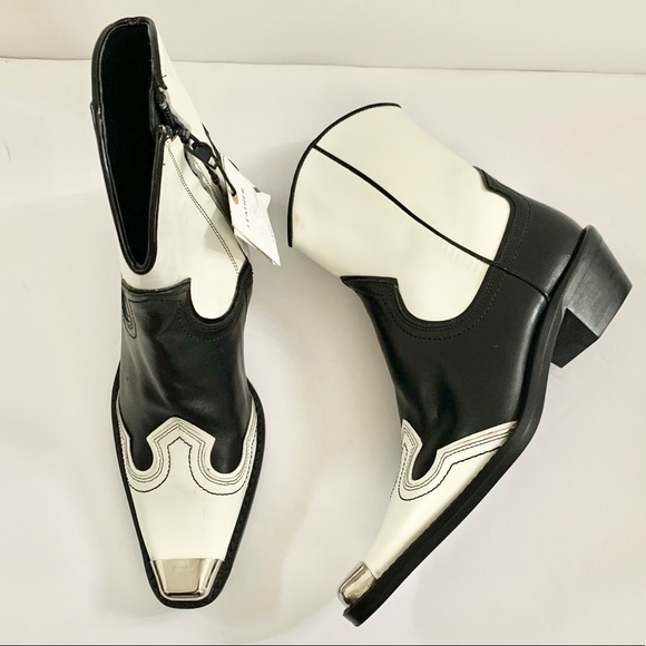 Zara Shoes - Zara Black White Pieced Leather Cowboy Metal Cap Toe  Boots/Booties - Size 7.5
